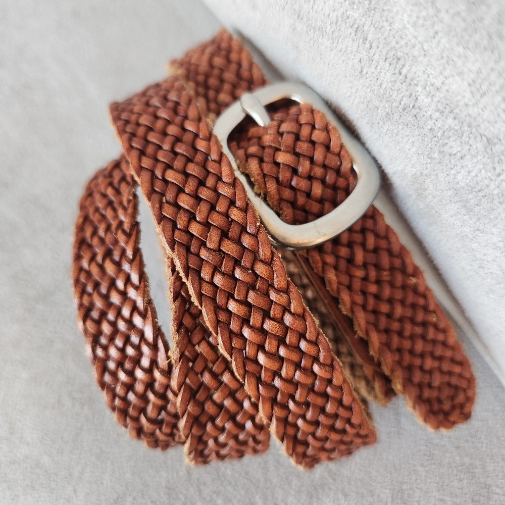 Vintage 90s Ralph Lauren LRL belt women's L brown woven leather slim distressed